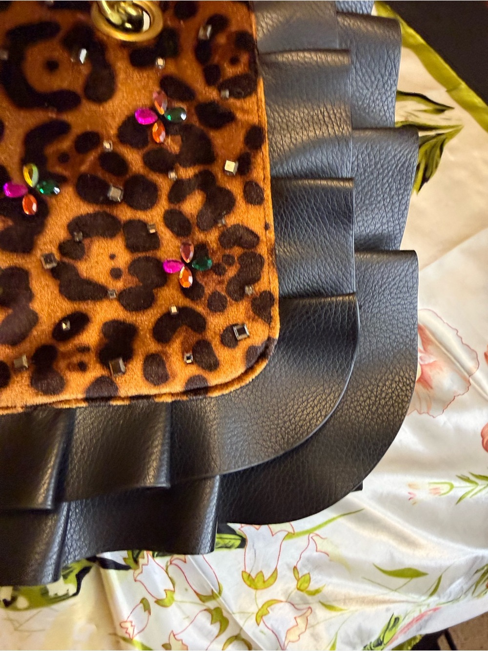 Betsey Johnson Leopard Rhinestone Ruffle Chain Shoulder Bag - Picture 6 of 15